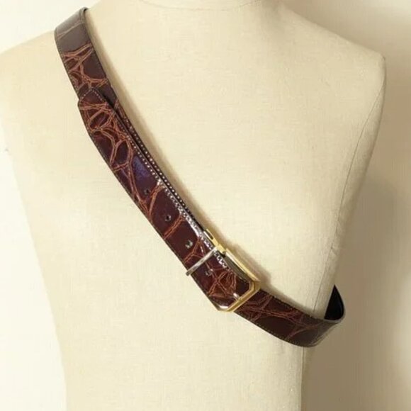 Leather Croc Embossed Reversible 2 in 1 Belt Gold Tone Academia‎ Preppy main image 4
